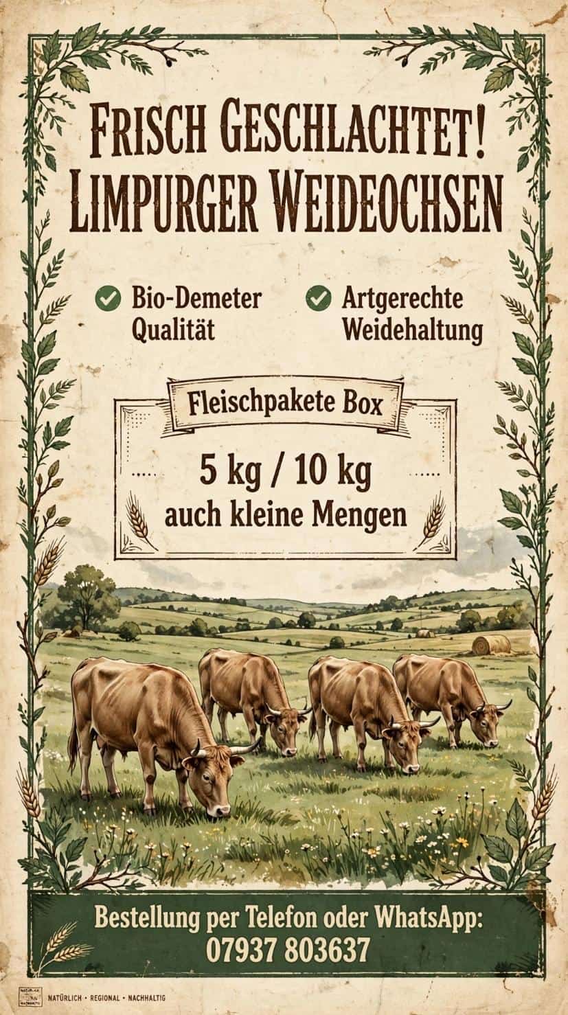 Plakat: Frisch geschlachtet! Limpurger Weideochsen in Bio-Demeter-Qualität, Fleischpakete 5 kg oder 10 kg, auch kleine Mengen. Bestellung per Telefon oder WhatsApp unter 07937 803637